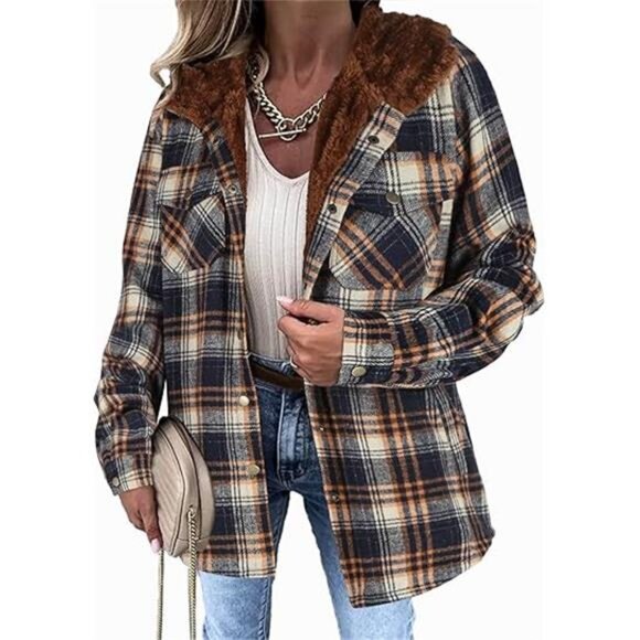Womens Plaid Shacket Jacket Long Sleeve Fleece Hooded Jackets Fall - Picture 6 of 6
